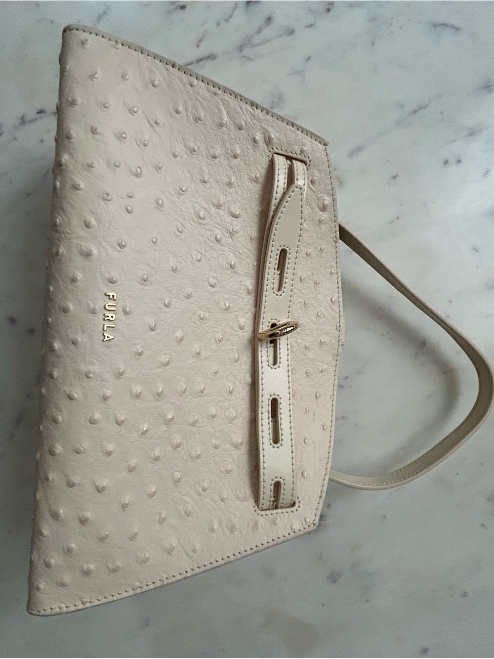Furla Cream Ostrich-Embossed Top-Handle Bag